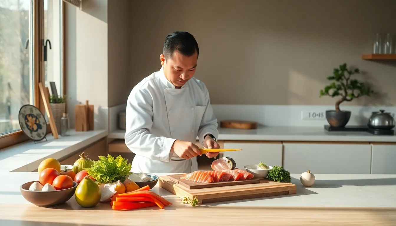 chef demonstrating Japanese cooking techniques in a modern kitchen.