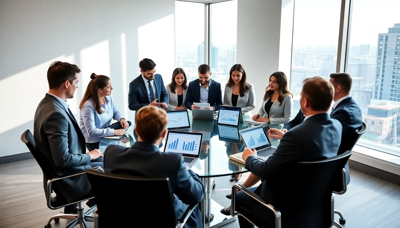 diverse marketing team discussing growth strategies in a modern office.