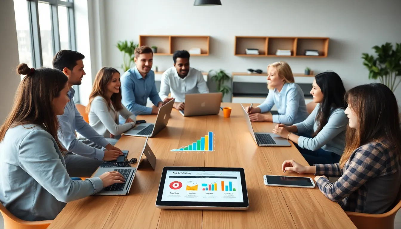 diverse startup team discussing growth strategies in an office.