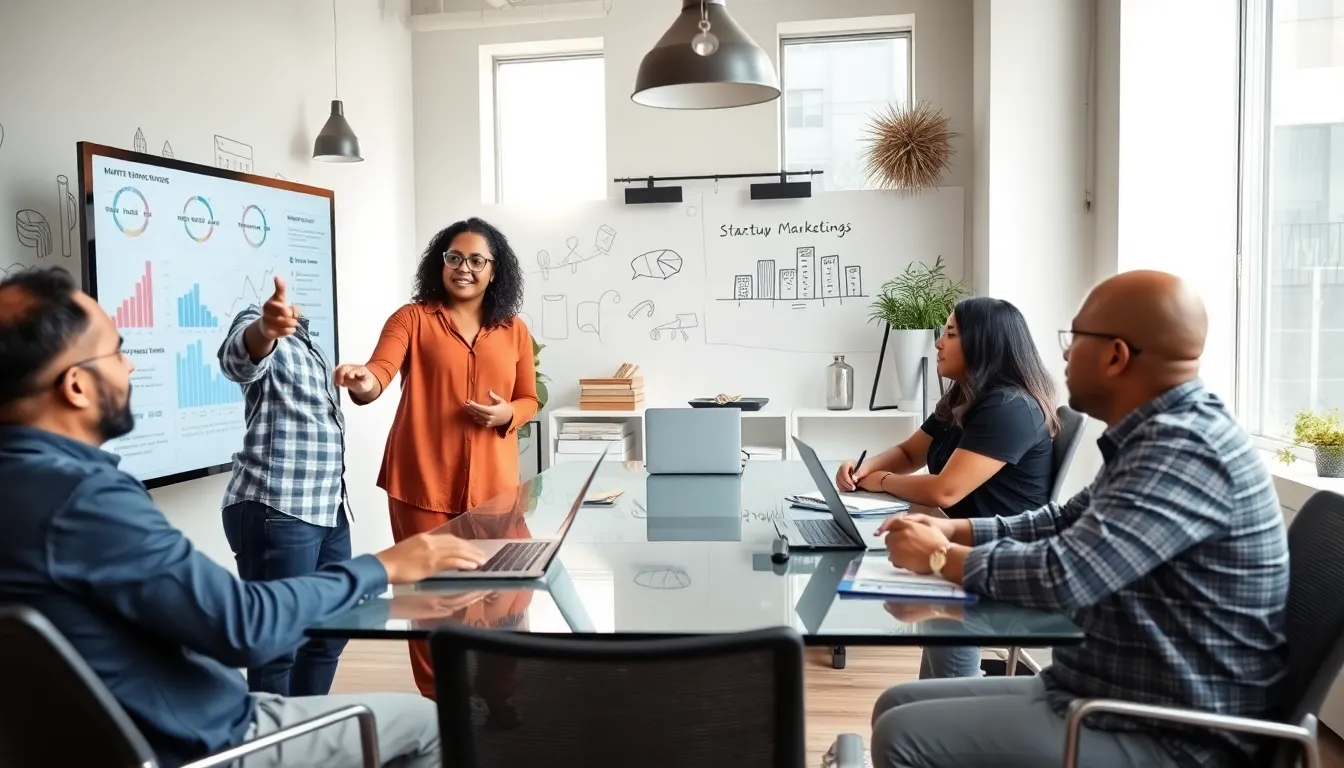 diverse team brainstorming startup marketing strategies in a modern workspace.