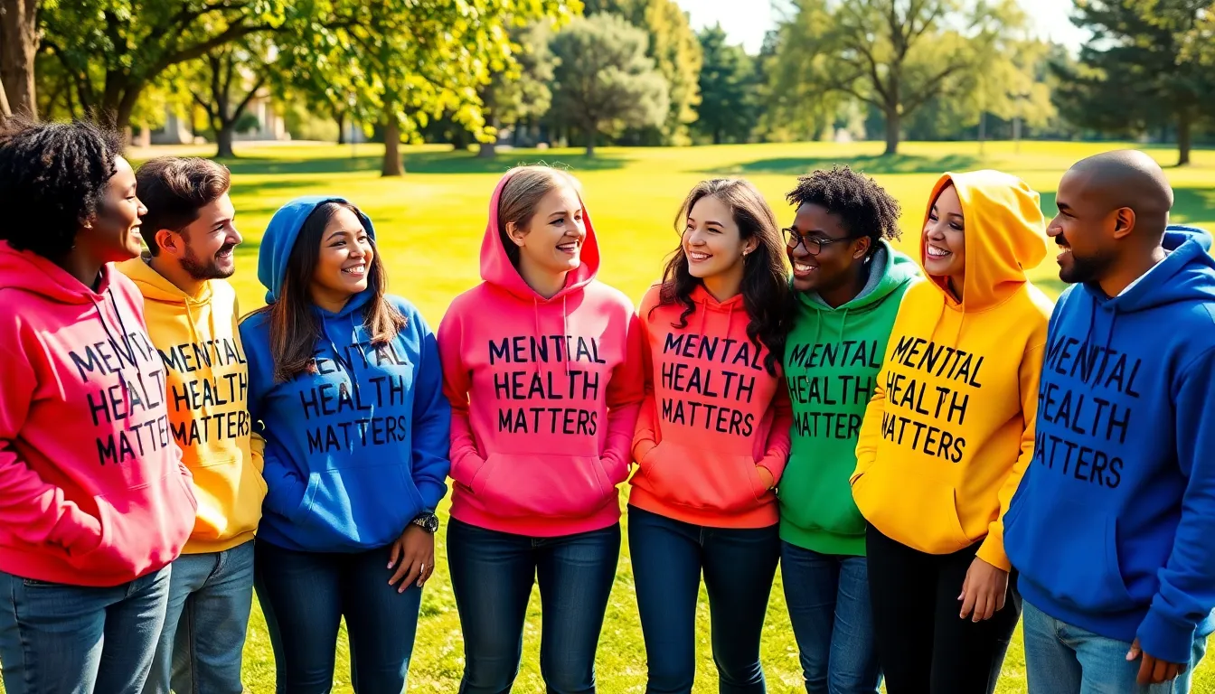 diverse group wearing Mental Health Matters hoodies in a park.