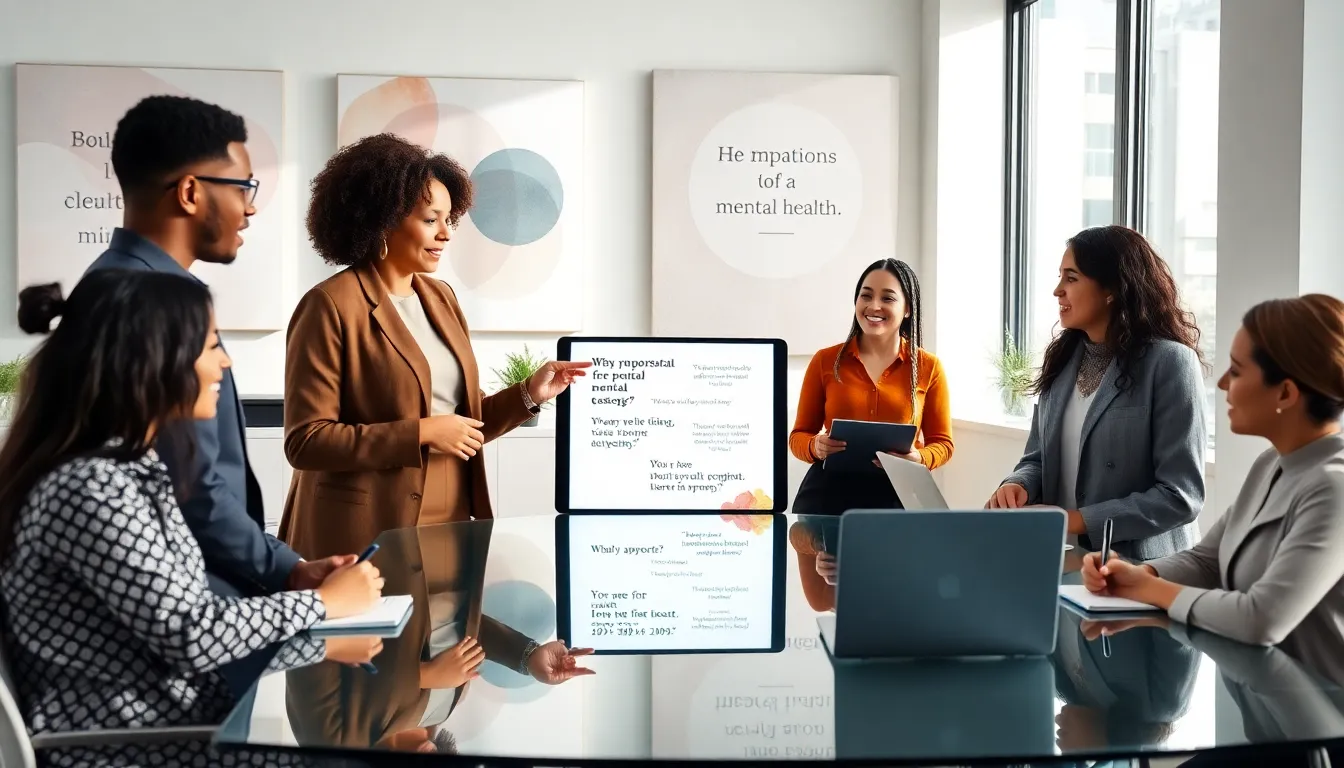 diverse professionals discussing mental health awareness in a modern office.