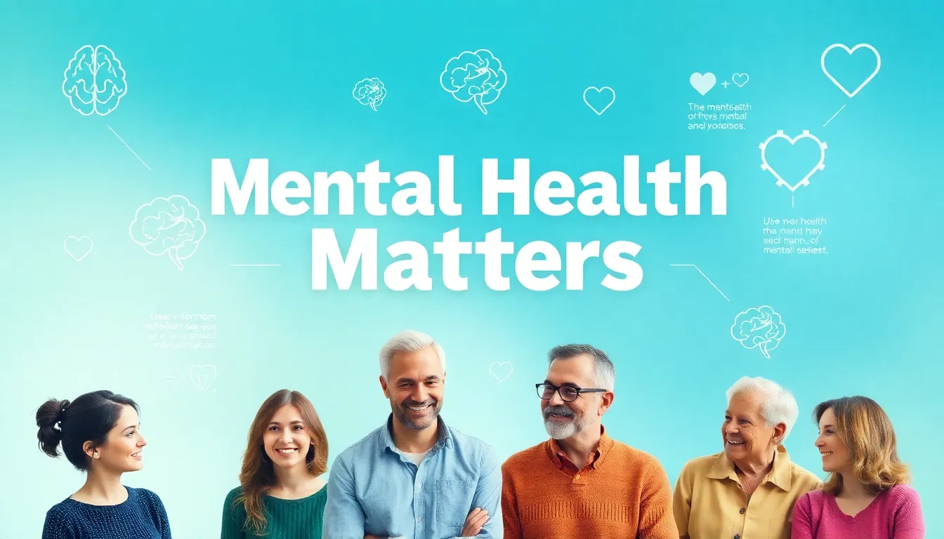 A mental health awareness poster with diverse people supporting each other.