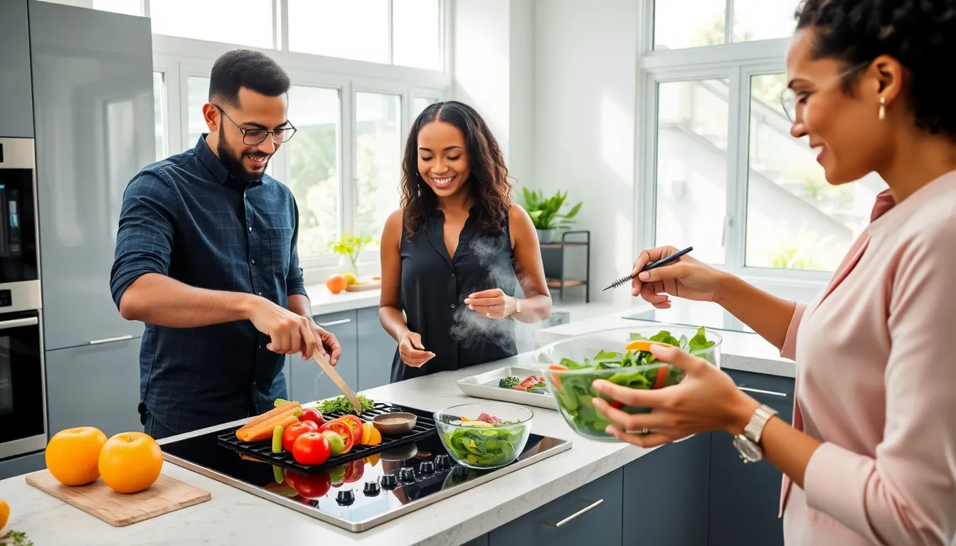diverse chefs cooking healthy meals in a modern kitchen.