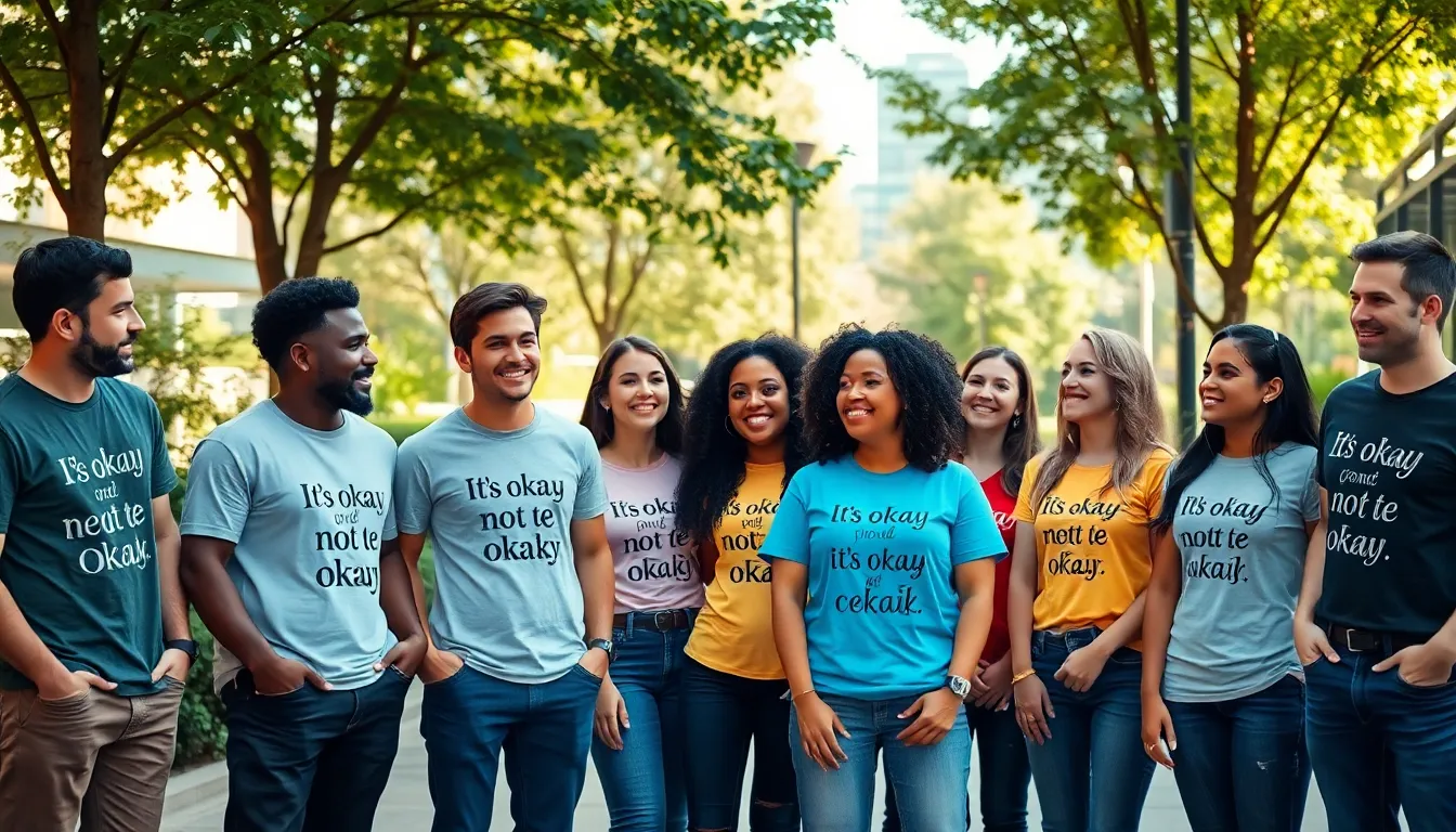 diverse group wearing mental health awareness clothing in a park.