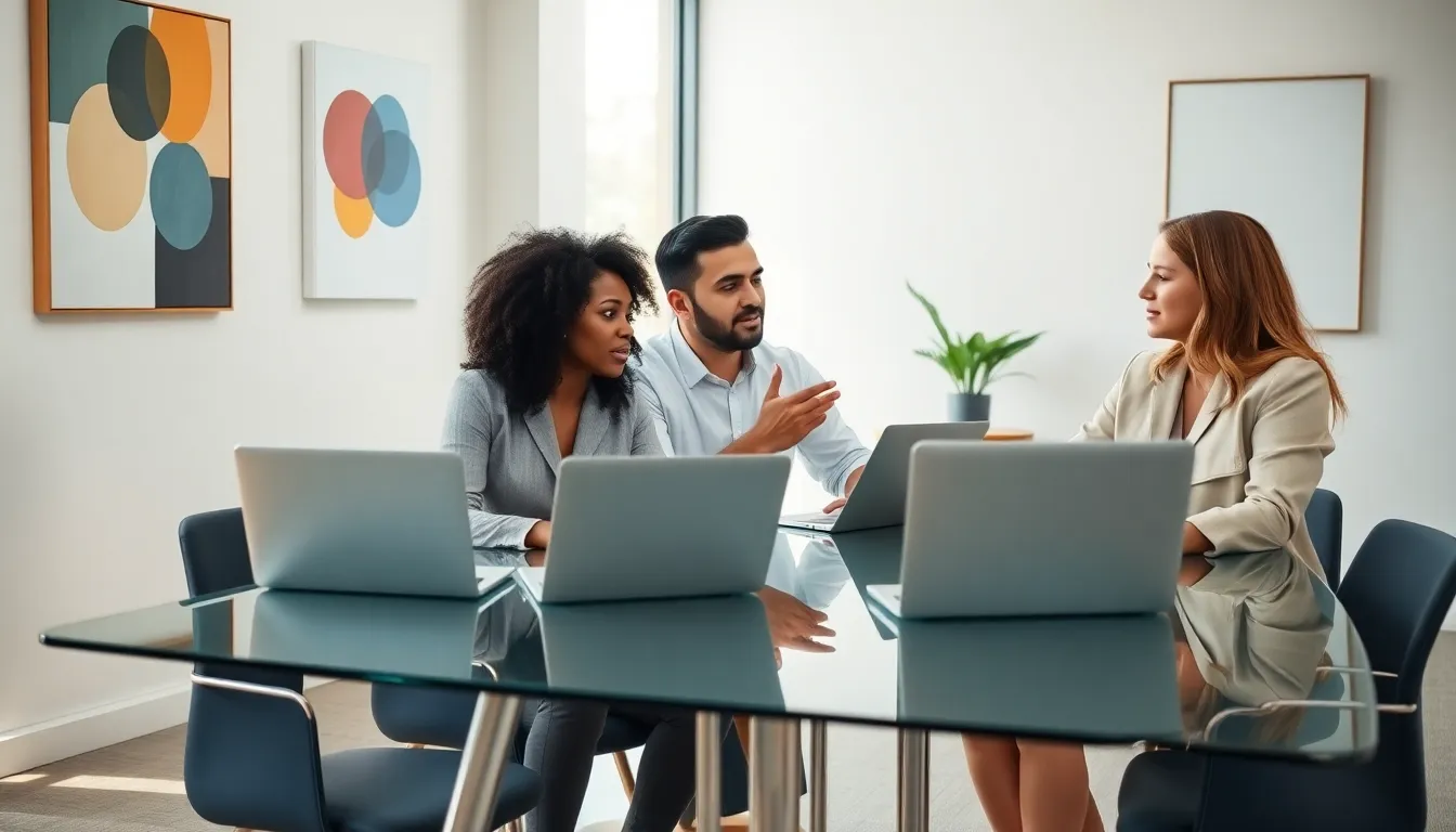 diverse professionals discussing mental health in a modern office.